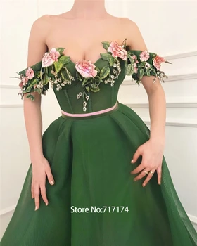 Mimo Rameno s Farebnými Čipky Nášivka Zelená Prom Šaty Elegantné Matné Tylu Večerné Šaty vestido de formatura