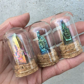 Minerálne Vzor Kužeľ Tvarované Plochy Ornament Displej S Sklenená Fľaša Mini Crystal Prírodné Rainbow Bizmutu Dekoratívne Domov