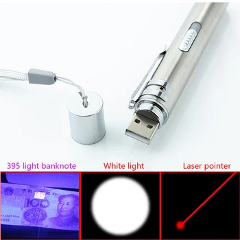 Mini 3in1 USB Nabíjateľná LED Baterka Výkonné LED Baterky Nepremokavé Dizajn Penlight uv svetlo bankoviek /Laserové ukazovátko svetlo