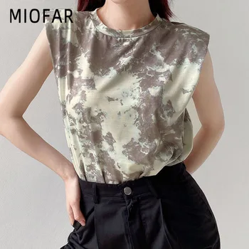 MIOFAR T-Shirt Ženy Letné Oblečenie tie Dye Bežné Topy Tees Retro Polstrované Ramenné Módne 2020 Žena Tričko Dámske Streetwear