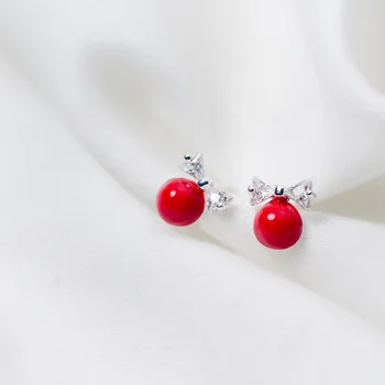 MloveAcc Vysoko Kvalitnej 925 Sterling Silver Elegantný Luk Uzol & Red Pearl Stud Náušnice pre Ženy, Luxusné Autentické Šperky