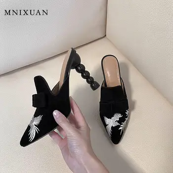 MNIXUAN Klasiky jar leto ženy čerpadla tkaných topánky 2020 nové semiš kožené vyšívané ukázal prst vysoké podpätky sandále, papuče