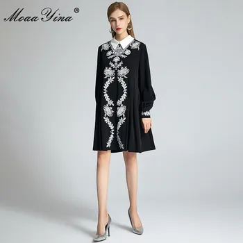 MoaaYina Módny Návrhár šaty Jeseň dámske Šaty Svietidla Rukáv Kvety Výšivky Black Voľné Vintage Šaty