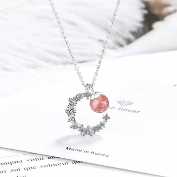 ModaOne Prírodné Jahoda Crystal Ružové Guľôčky Mesiac Náhrdelník Prívesok 925 Sterling Silver Šperky Pre Ženy Festival Dary