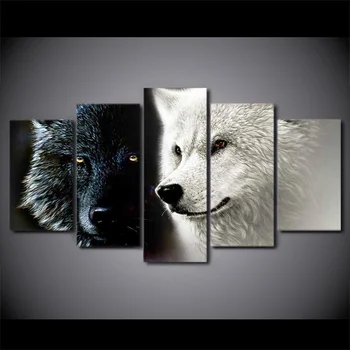 Moderné Obrazy Obývacia Izba Dekor Stenu Umenie Abstraktné Foto 5 Kusov Plagát Black White Wolf Pár Plátno Na Maľovanie, Rám