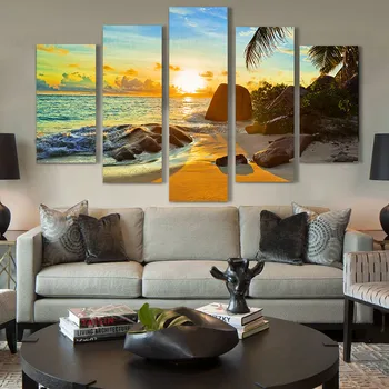 Moderný Domov Wall Art Decor Modulárny Plátno Olej Obrázky HD Tlač Maľovanie 5 Panel Ocean Sunset Beach Seascape Plagát