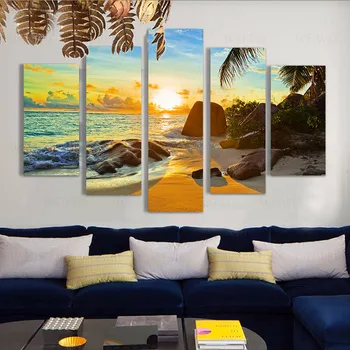 Moderný Domov Wall Art Decor Modulárny Plátno Olej Obrázky HD Tlač Maľovanie 5 Panel Ocean Sunset Beach Seascape Plagát