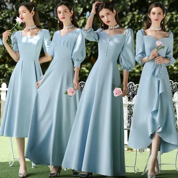 Modrá Bridesmaid, Šaty 2020 Dlho Dĺžka Podlahy Satin Zips Krátky Rukáv Riadok Svadobný Hosť Strany Prom Girl Šaty