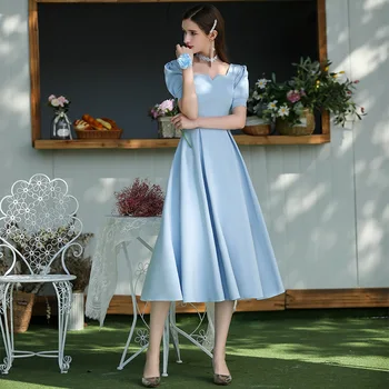 Modrá Bridesmaid, Šaty 2020 Dlho Dĺžka Podlahy Satin Zips Krátky Rukáv Riadok Svadobný Hosť Strany Prom Girl Šaty
