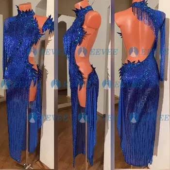 Modré guľôčky trubice latinské tanečné šaty Lesklé kamienky Sála latinskej Tanečnej Súťaže Šaty Jeden rukáv backless ChaCha šaty