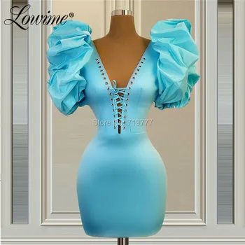 Modré Krátke Party Šaty V Krku Formálne Večerné Šaty 2021 Nafúknuté Rukávy Mimi Večerné Šaty Na Zákazku Saténových Šiat Prom Vestido