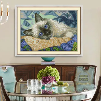 Modré oči mačka Cross Stitch Súpravy Tlačené vzory plátno Obývacia izba Výšivky, Výšivky nastaviť Jednoduché Cross-stitch Domova
