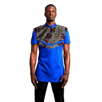 Modré pánske Afriky Shirt Stand Golier Bavlna Topy Krátky Rukáv Nigérijský Štýl Topy Vlastné Mužské Oblečenie Dashiki