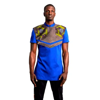 Modré pánske Afriky Shirt Stand Golier Bavlna Topy Krátky Rukáv Nigérijský Štýl Topy Vlastné Mužské Oblečenie Dashiki