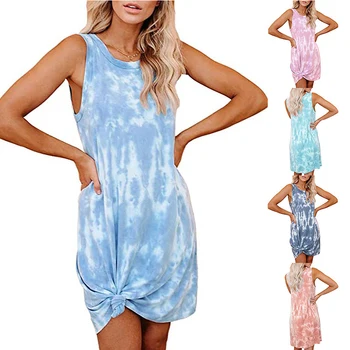 Modré, Ružové a Ženy, tie-dye Nádrž Šaty bez Rukávov O-Krku 2020 Nové Voľné Dámy Party Šaty Módne Leto, Jeseň podkolienok Šaty