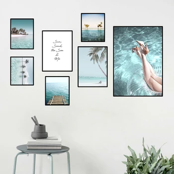 Modrý Oceán krajinomaľbou Tropické Slnko, Pláž Cestovné Plagát Prímorské Plátno Tlačiť Wall Art Obraz Moderného Domova HD0018