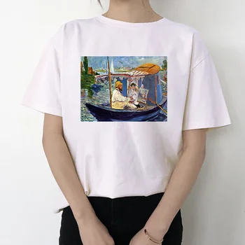 Monet olejomaľba Print T shirt Ženy Letné Biele Topy Krátke Rukáv Tričko Harajuku Estetické Oblečenie Camiseta Mujer