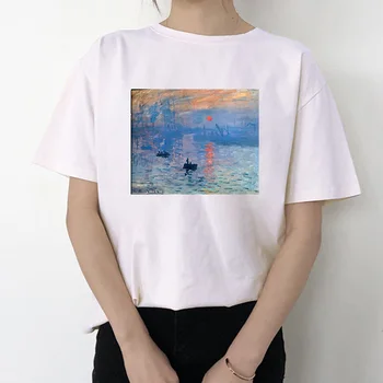 Monet olejomaľba Print T shirt Ženy Letné Biele Topy Krátke Rukáv Tričko Harajuku Estetické Oblečenie Camiseta Mujer