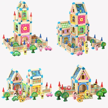 Montessori Doll House Miniatúrne DIY domček pre bábiky Drevená Budova BlocksHouse 128pcs /268pcs Hračky Pre Deti, Darčeky Dovolenku Krát