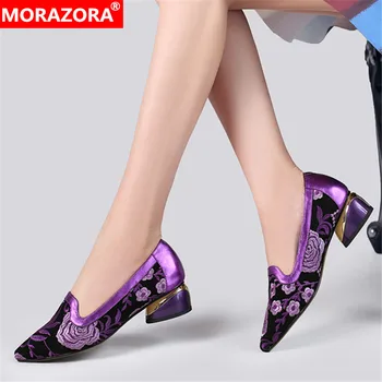 MORAZORA 2020 Letné hot predaj klasický ženy čerpadlá med podpätky ukázal prst strany topánky žena originálne kožené dámske topánky modré