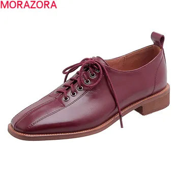 MORAZORA 2020 nový prísť jeseň ležérne topánky originálne kožené šnurovacie dámske topánky s nízkym podpätkom štvorcové prst farbou jednej topánky