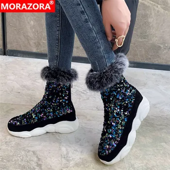 MORAZORA 2020 Veľké veľkosti 33-46 zime udržať v teple čižmy 3 farby štvorcové prst dámske topánky pohodlné ploché podpätku, členkové topánky