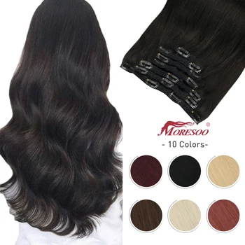 Moresoo Ľudské Vlasy, Clip na Rozšírenie 7Pcs Stroj Remy Vlasy Rozšírenia Pure Color Plnú Hlavu Prirodzené Vlasy Hairpiece pre Ženy