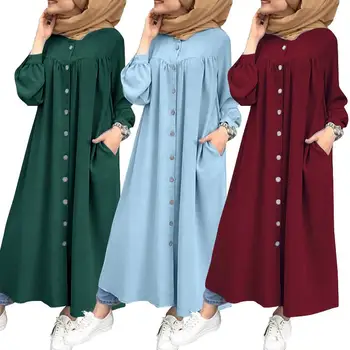 Moslimské Tričko Oblečenie dámske turecký Sundress ZANZEA 2021 Bežné Dlhý Rukáv Maxi Vestidos Žena Tlačidlo Župan Femme Plus Veľkosť 5XL