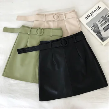 Msfancy Kožené Mini Sukne Ženy Vysoký Pás Farbou Pu A-line Micro Sukne 2021 Mujer Faldas Zodpovedajúce Pás Streetwear