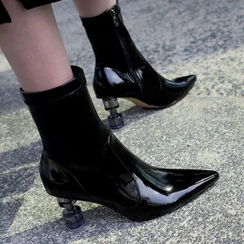 Mstacchi Osobné Dizajn Profilované Päty Ženy Lakovanej Kože Krátke Topánky, Sexy Poukázal Na Boku Zips Dámy Topánky Botas Mulheres