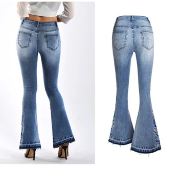 MSXU Hot denim štýl vyšívané nohavice s širokú nohu, nohavice prané horela džínsy veľké veľkosti bavlnené nohavice