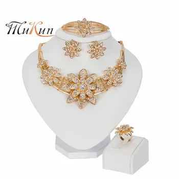 MUKUN Nigérijský Svadobné Svadobné Šperky Luxusný Dubaj Zlatá farba Šperky Sady pre Ženy Kvety Náhrdelník Afriky Korálky Šperky Set