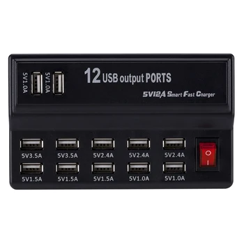 Multi 12 Port Rýchle Nabíjanie pomocou pripojenia USB Stanica 12A Napájací Adaptér s Prepäťová Ochrana