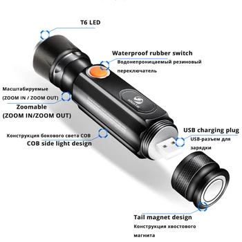 Multifunkčné LED Baterka USB vo Vnútri nabíjateľná batéria Silný T6 pochodeň Strane KLASU ľahký dizajn baterka chvost magnet