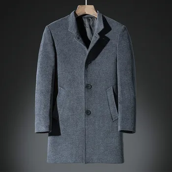 Muž Vysokej Kvality Dlhý Rukáv Bežné Hrubé Windbreaker Dlho Grey Blend Kabát Plus Veľkosť Mens Kabát Zimný Vrchné Oblečenie Vlna Bunda