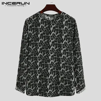 Muži Leopard Print T Shirt Posádky Krku Dlhý Rukáv Fitness Útulný Bežné Tee Topy Streetwear Módy Camiseta Masculina INCERUN S-5XL