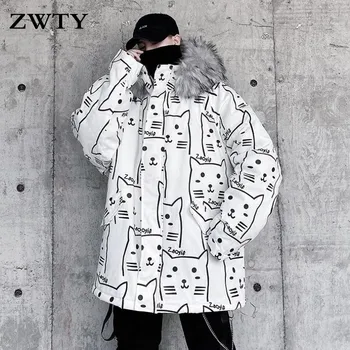 Muži Nadrozmerné Zimné Kožušinovou Kapucňou Bundy Kabáty 2021 Mens Japonský Streetwear Hip Hop Vetrovka Hrubé Bublina Kabát