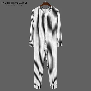 Muži Pruhované Pyžamo Kombinézach 2021 Dlhý Rukáv Tlačidlo Voľný čas, oblečenie pre voľný čas Remienky Pohodlné O Krk Mens Sleepwear S-5XL INCERUN