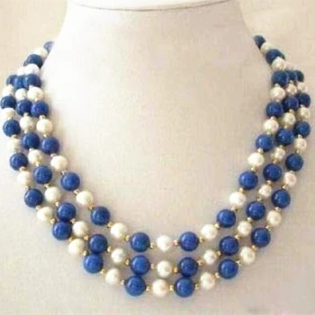 Móda 3 riadky očarujúce prírodné white pearl 7-8mm modrá lapis lazuli 8 mm okrúhle korálky ženy elegantný náhrdelník 17-19 palcový BV357