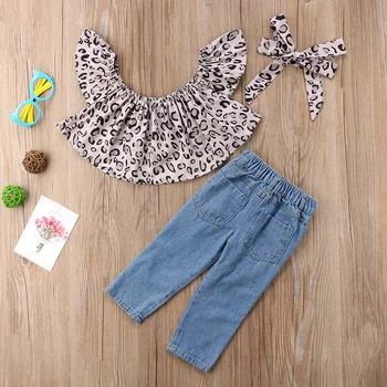 Móda Batoľa Detský Dievča Oblečenie Letné Vypnutie ramenný Leopard Plodín Topy+Roztrhlo Denim Pant Jean hlavový most Oblečenie Set 3KS