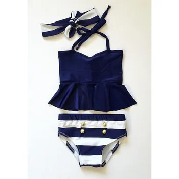 Móda Bežné Slim Prekladané Deti Baby Girl Bikini Vyhovovali Navy 3ks sada Plavky, Plavky na Kúpanie, Plávanie Letné Oblečenie