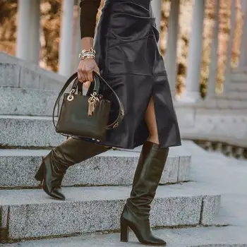 Móda Black PU Kožené Sukne Ženy 2021 Celmia Sexy Vysoký Pás Skladaný Pevné Split Sukne Bežné Kancelárske Ceruzku Sukne Plus Veľkosť
