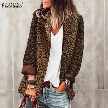 Móda Bundy ZANZEA Ženy Jeseň Dlhý Rukáv Leopard Vytlačené Coats Príležitostné Práce Cardiagn 5XL Žena Klope Krku Tlačidlo Outwear
