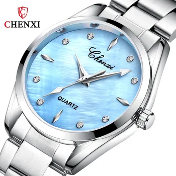 Móda CHENXI Top Značky Ženy Hodinky Drahokamu Shell dial Hodiny Quartz náramkové hodinky Lady Luxusné Plné Oceľové Hodinky montre femme