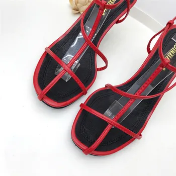 Móda Duté Okrúhle Prst Úzke Pásmo Obväz Sandále pre Ženy Rímsky Štýl Sandále Tenké Vysoké Podpätky Sandále Black Red White Topánky
