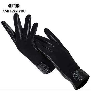 Móda Krátke dámske kožené rukavice,baránkom dámske rukavice,Vysoko kvalitné Matný kožené čierne originálne dámske zimné rukavice - 0715