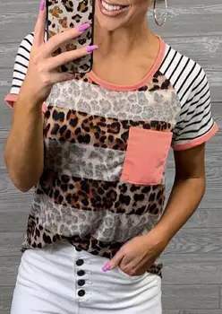 Móda Leopard Vytlačené T-Shirt 2019 Lete Bežné Vrecko Prekladané Topy Čaj Pre Ženy Štýlové Tričko Žena Topy camisetas