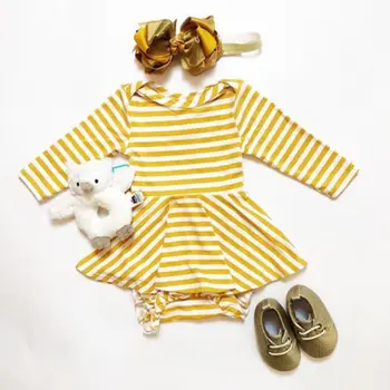 Móda Novorodenca Dievčatká Žlté Pruhované Bavlna Romper Šaty S Dlhým Rukávom Oblečenie, Oblečenie Na Jeseň