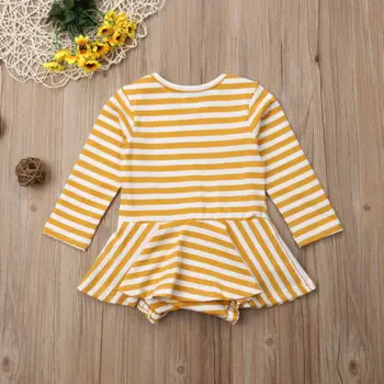 Móda Novorodenca Dievčatká Žlté Pruhované Bavlna Romper Šaty S Dlhým Rukávom Oblečenie, Oblečenie Na Jeseň