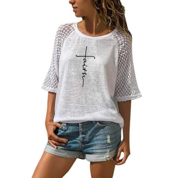 Móda Viery Listov Tlač T-Shirt Pre Ženy Čipky Posádky Krku T-Shirt T-Shirt Ženy Plus Veľkosť Topy Bavlna Streetwear Off
